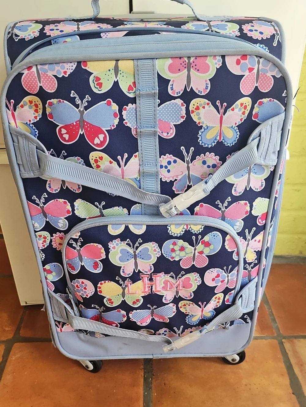 Pottery Barn Kids Navy Butterfly Rolling Suitcase with Pastel Accents